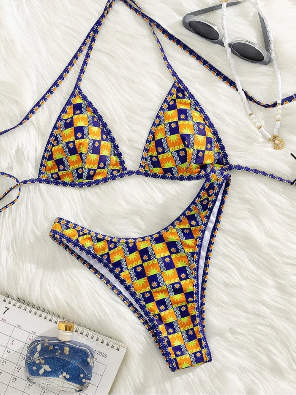 Vibrant Blue & Orange Checkerboard Triangle Bikini Large NEW